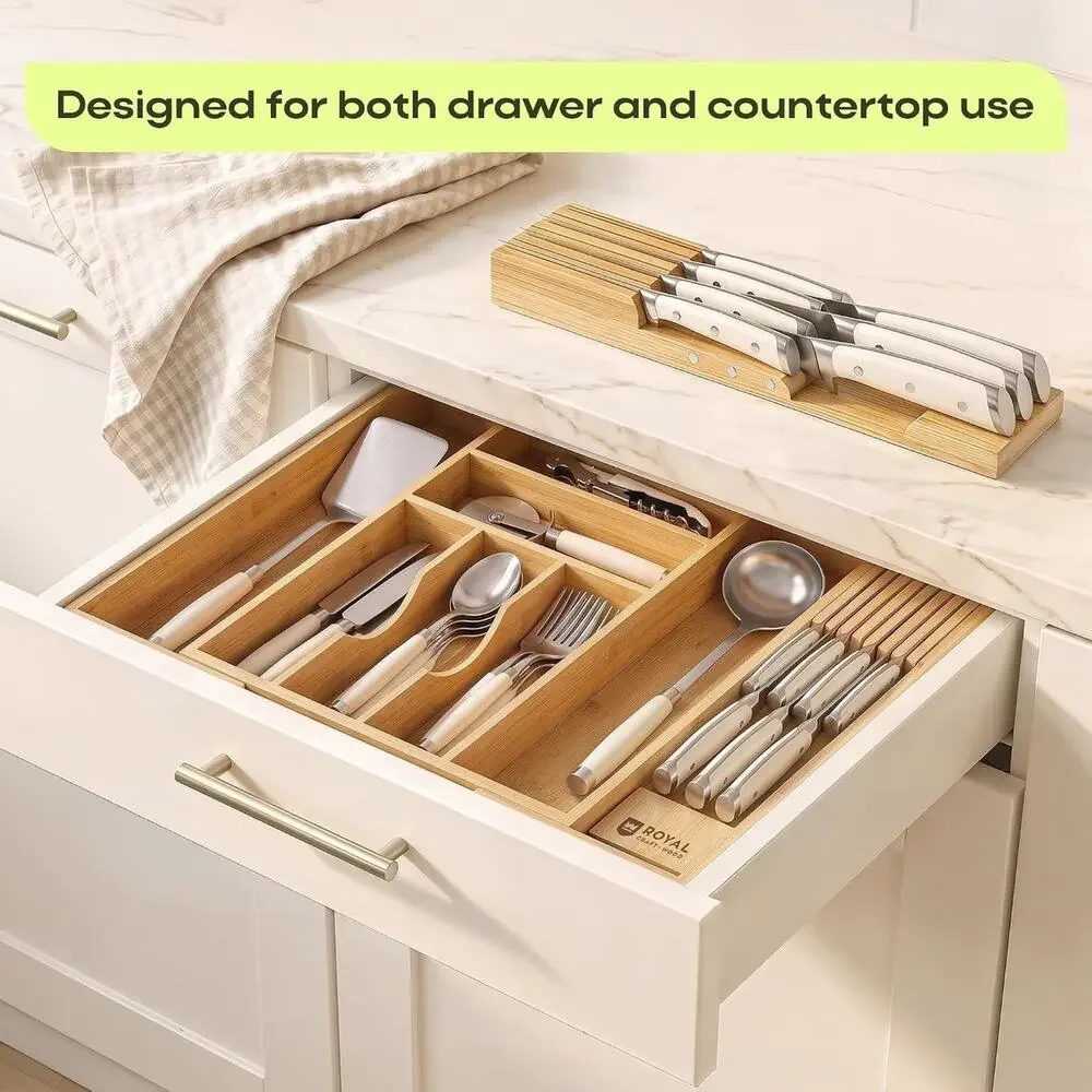 Bamboo Expandable Adjustable Silverware Drawer Organizer w/ Knife Block Kitchen